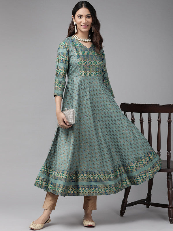 womens rayon floral print anarkali kurta green
