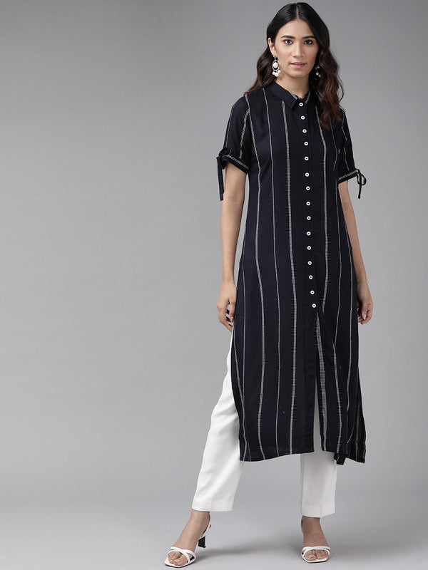 Rayon Stripe Printed Straight Kurta (Blue)