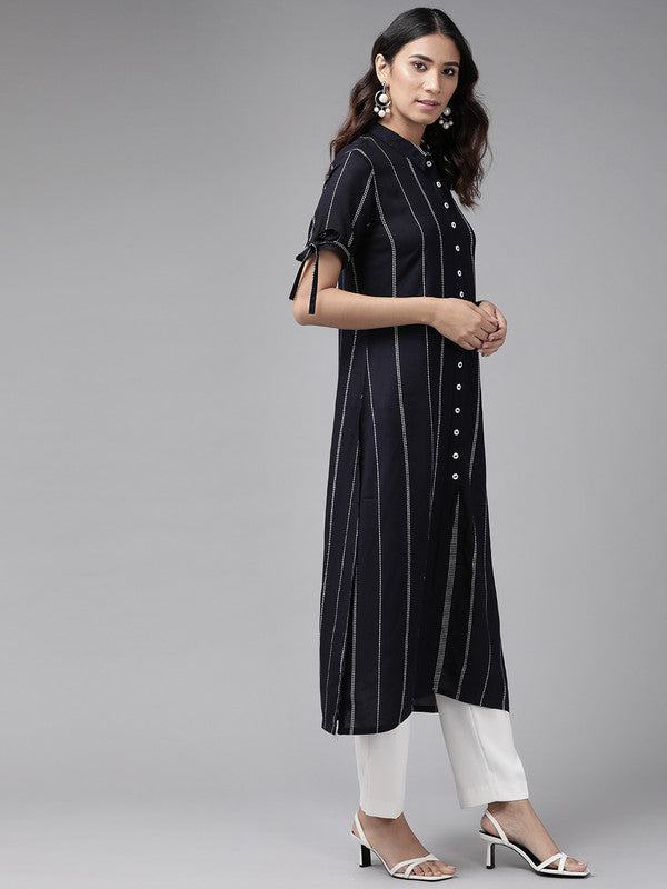 Rayon Stripe Printed Straight Kurta (Blue)