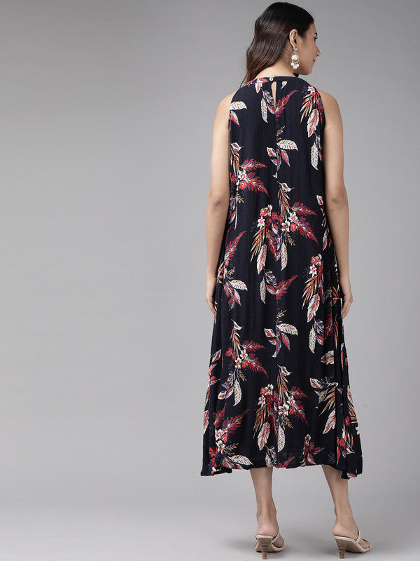 Hot Neck Floral Print A-line Dress(Blue)