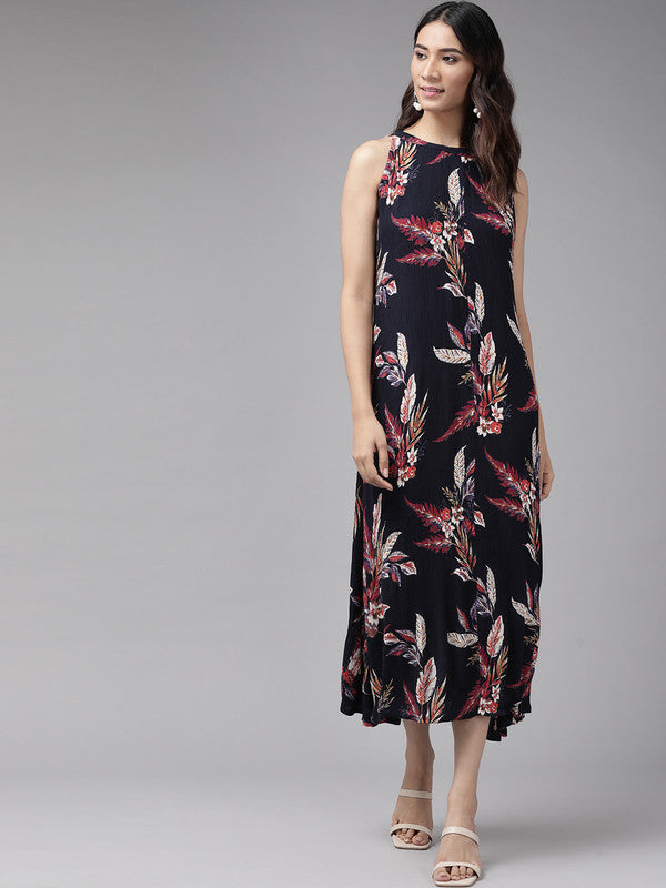 Hot Neck Floral Print A-line Dress(Blue)