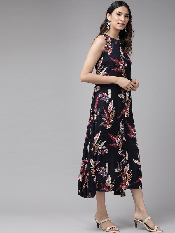 Hot Neck Floral Print A-line Dress(Blue)