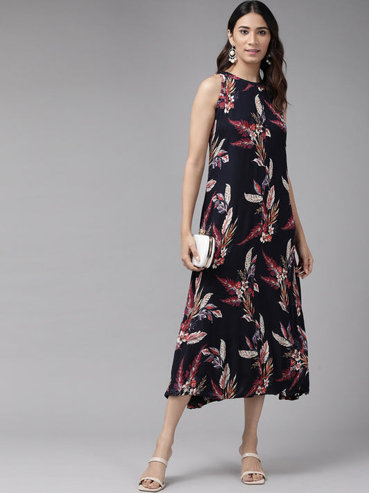 womens hot neck floral print a line dressblue