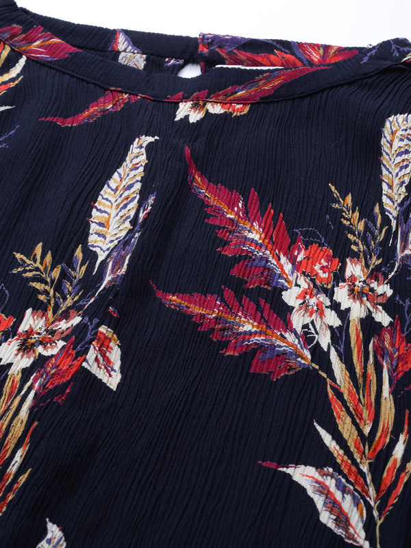 Hot Neck Floral Print A-line Dress(Blue)