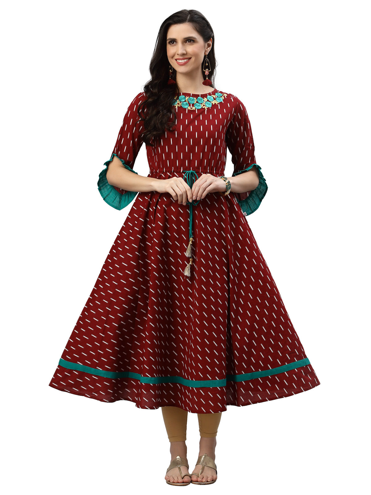 Cotton Embroidered Ikat Printed Anarkali Kurta Dress