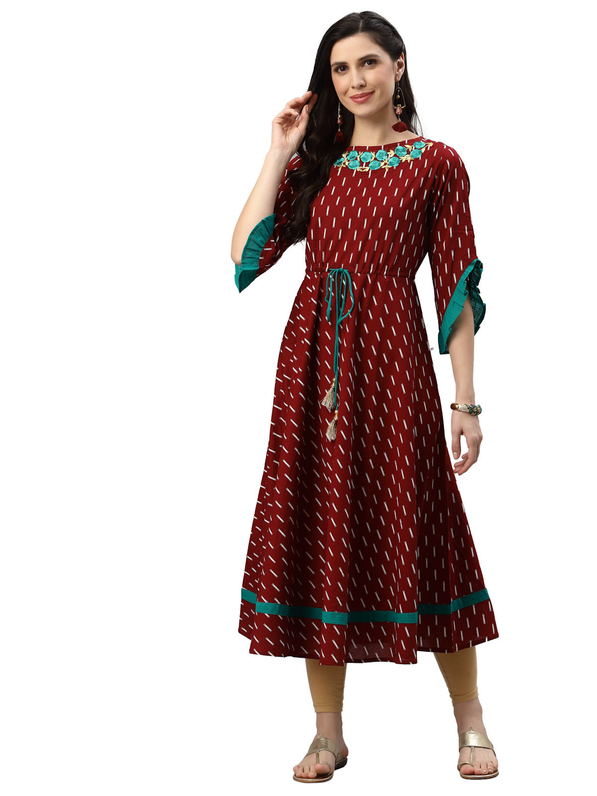 Cotton Embroidered Ikat Printed Anarkali Kurta Dress