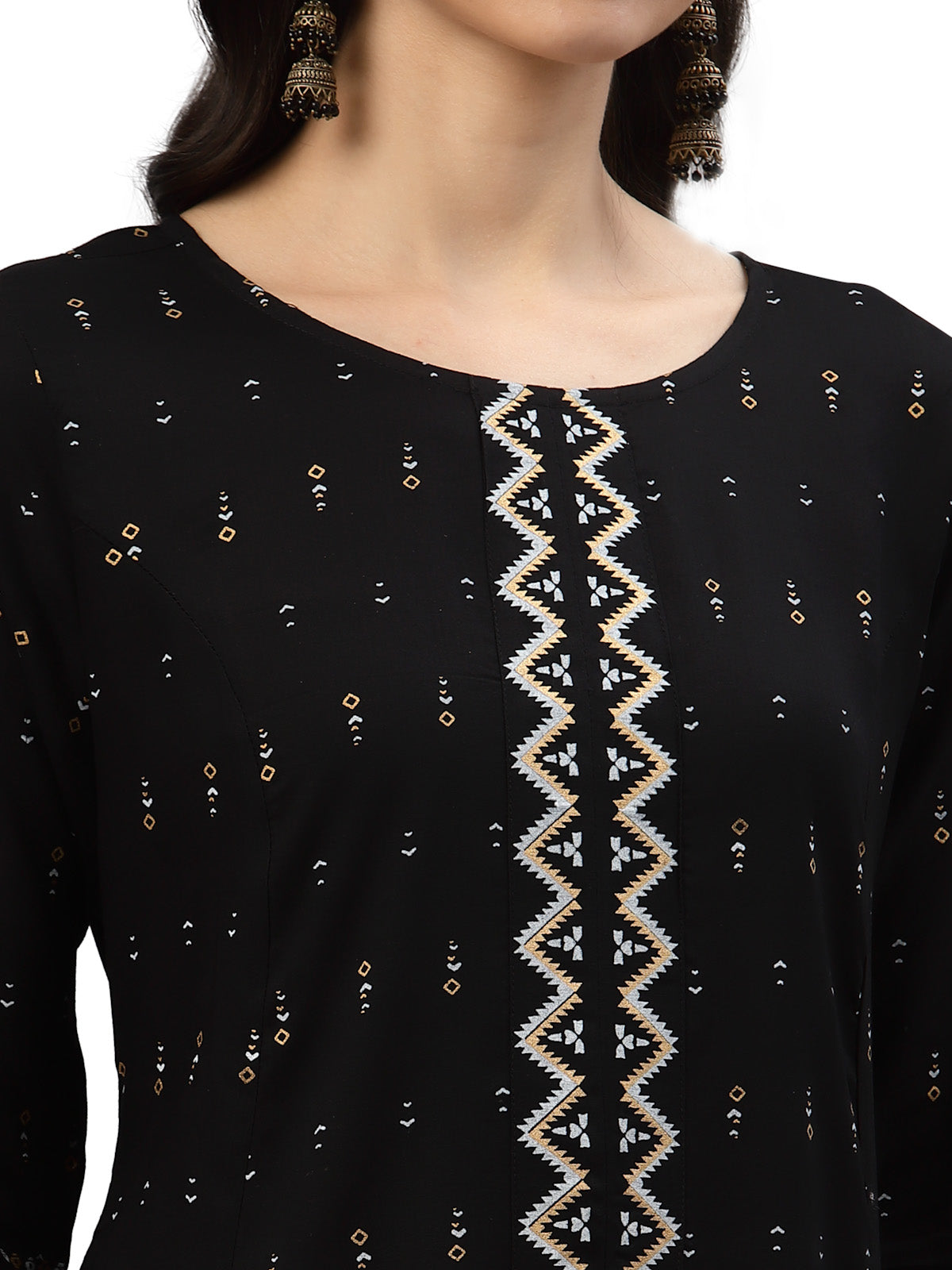 Rayon Geomatrical Printed Anarkali Kurti (Black)