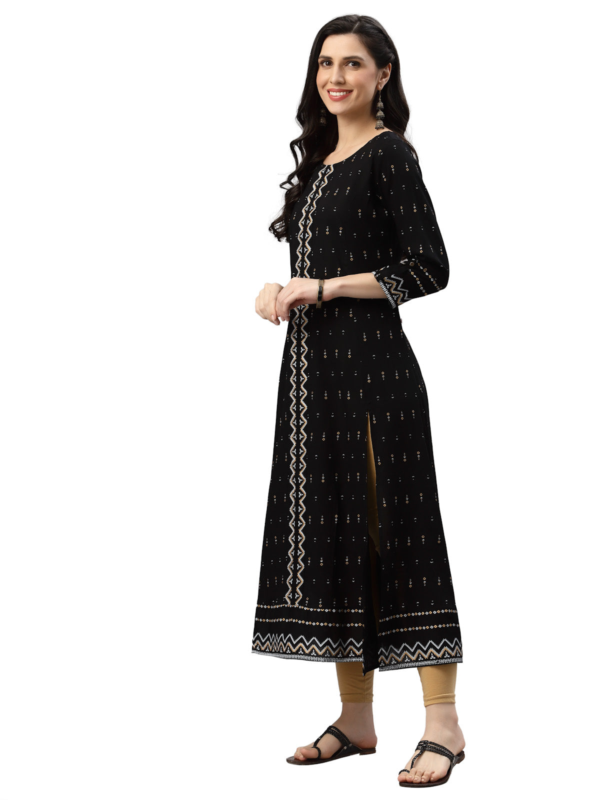 Rayon Geomatrical Printed Anarkali Kurti (Black)