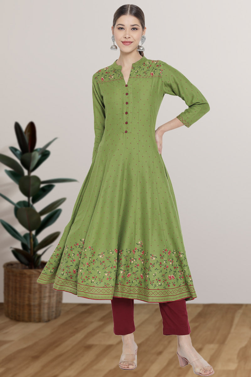 Rayon Floral Printed Anarkali Kurti