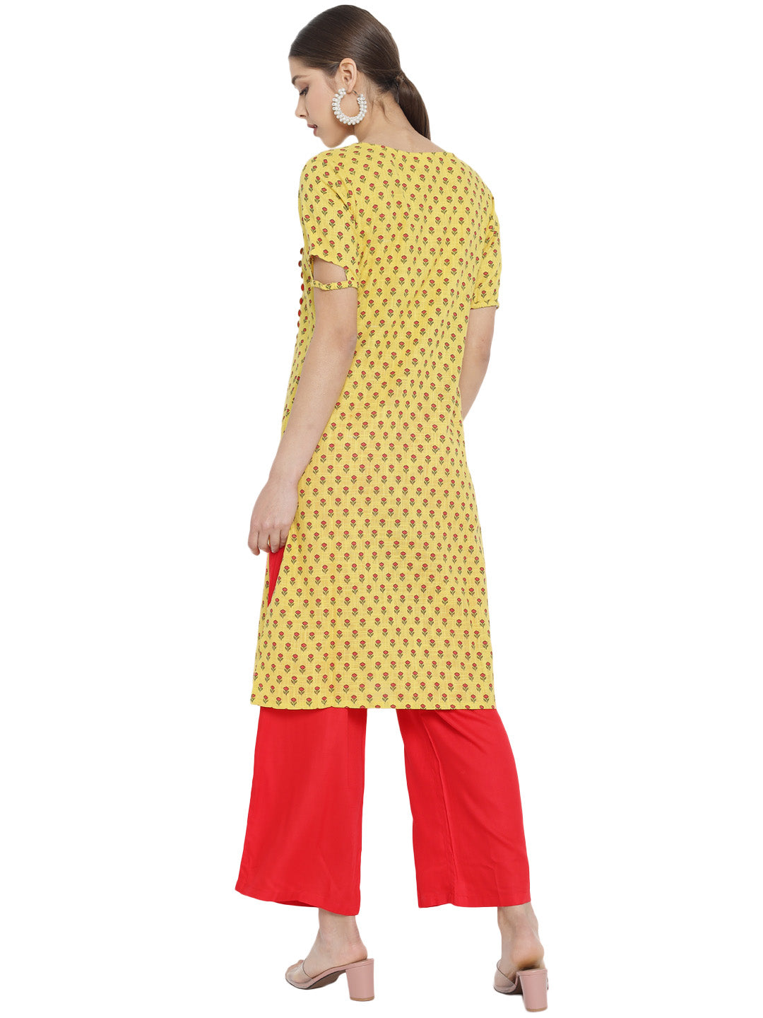 Yash Gallery Women's Cotton & Rayon Floral Print Straight Kurta Palazzo Set (Yellow & Red)