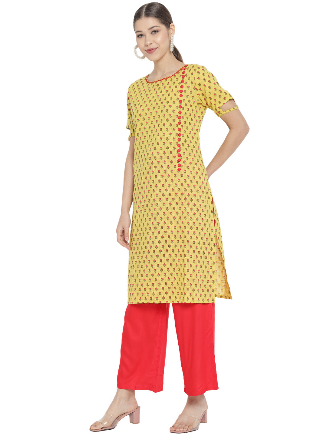 Yash Gallery Women's Cotton & Rayon Floral Print Straight Kurta Palazzo Set (Yellow & Red)