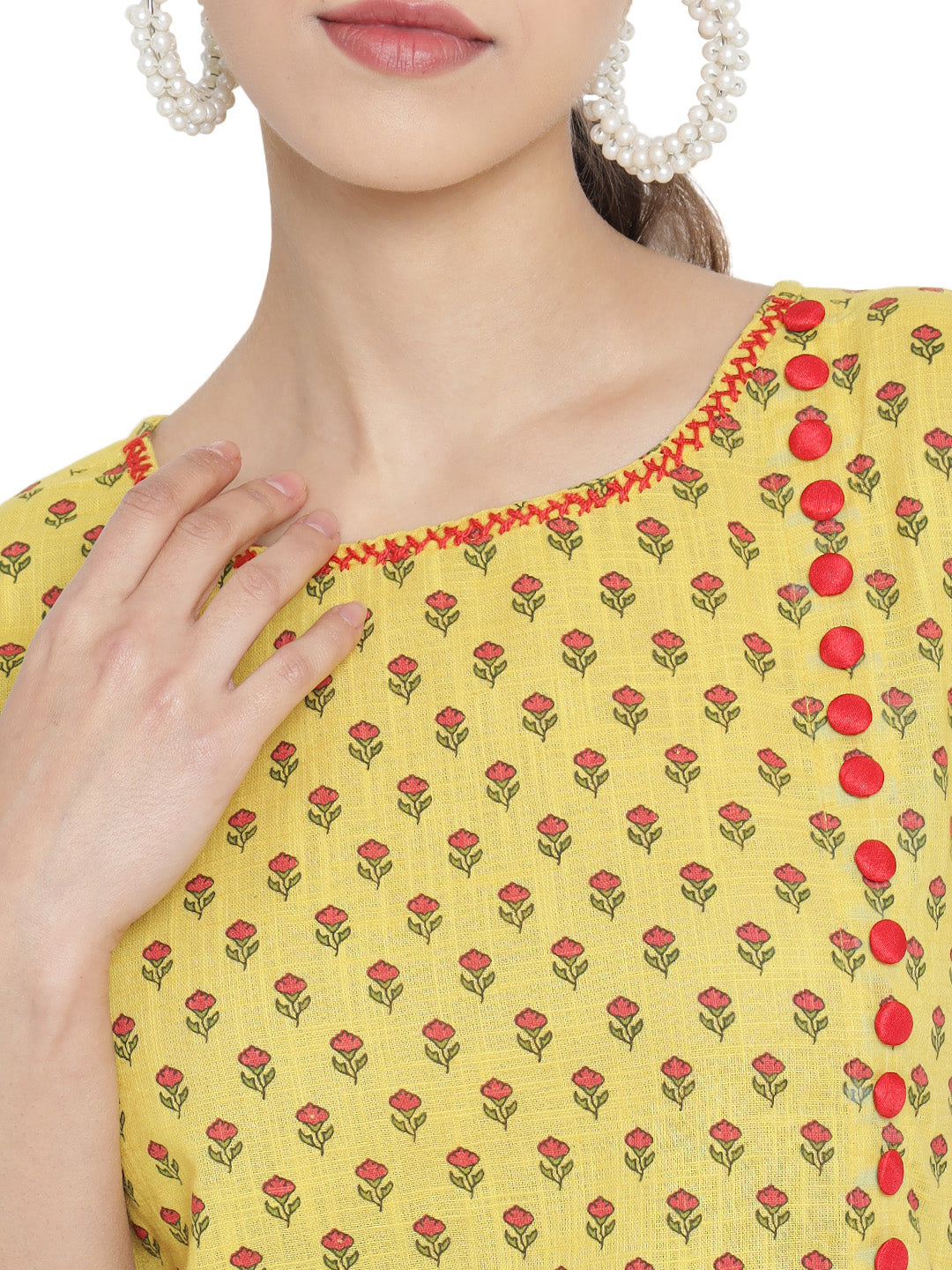 Yash Gallery Women's Cotton & Rayon Floral Print Straight Kurta Palazzo Set (Yellow & Red)