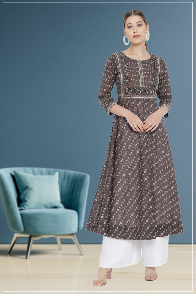 yash gallery womens cotton floral printed anarkali kurti grey