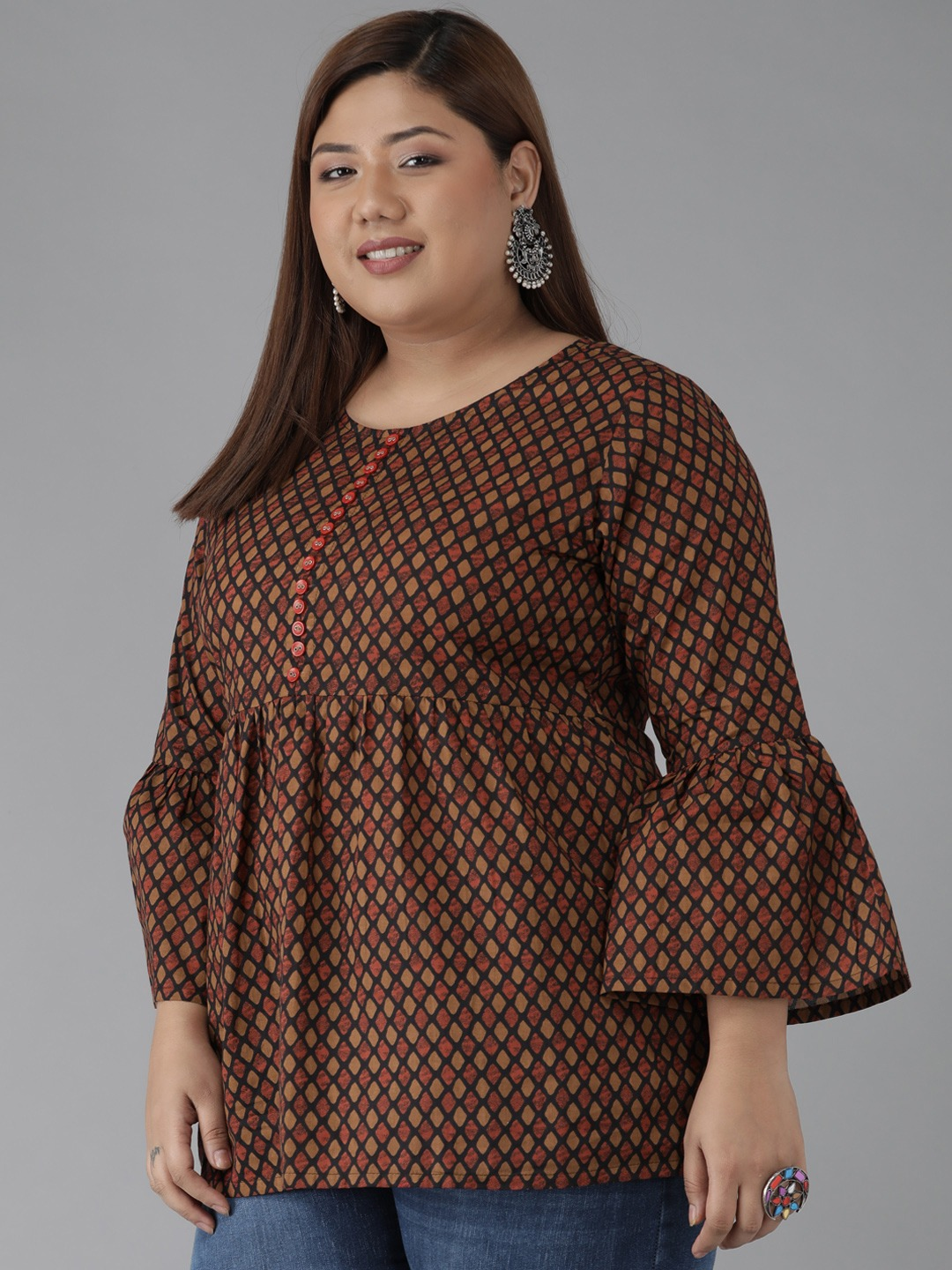 yash gallery womens cotton geomatrical printed regular kurtiblack