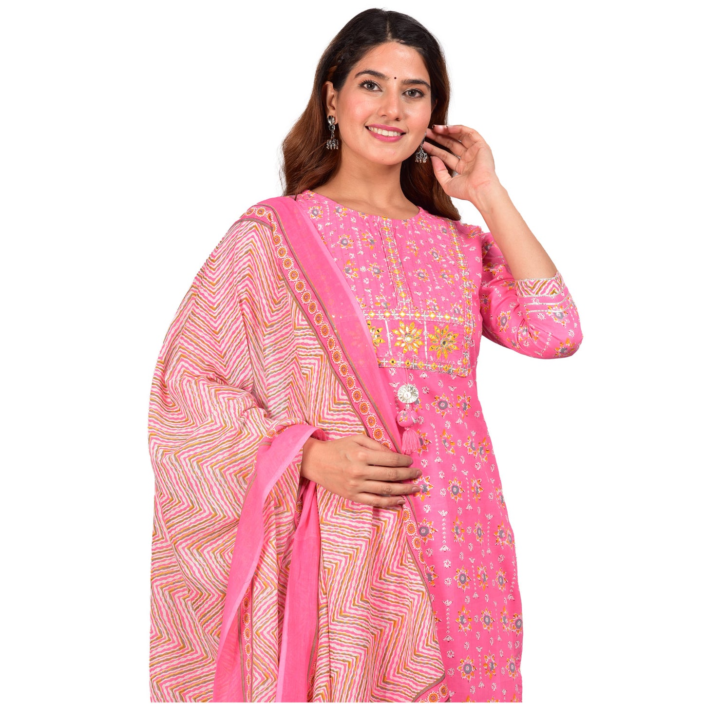 Yash Gallery Women's Embroidered Floral Printed Straight Kurta with Zig-Zag Printed Pant and Dupatta (Pink)