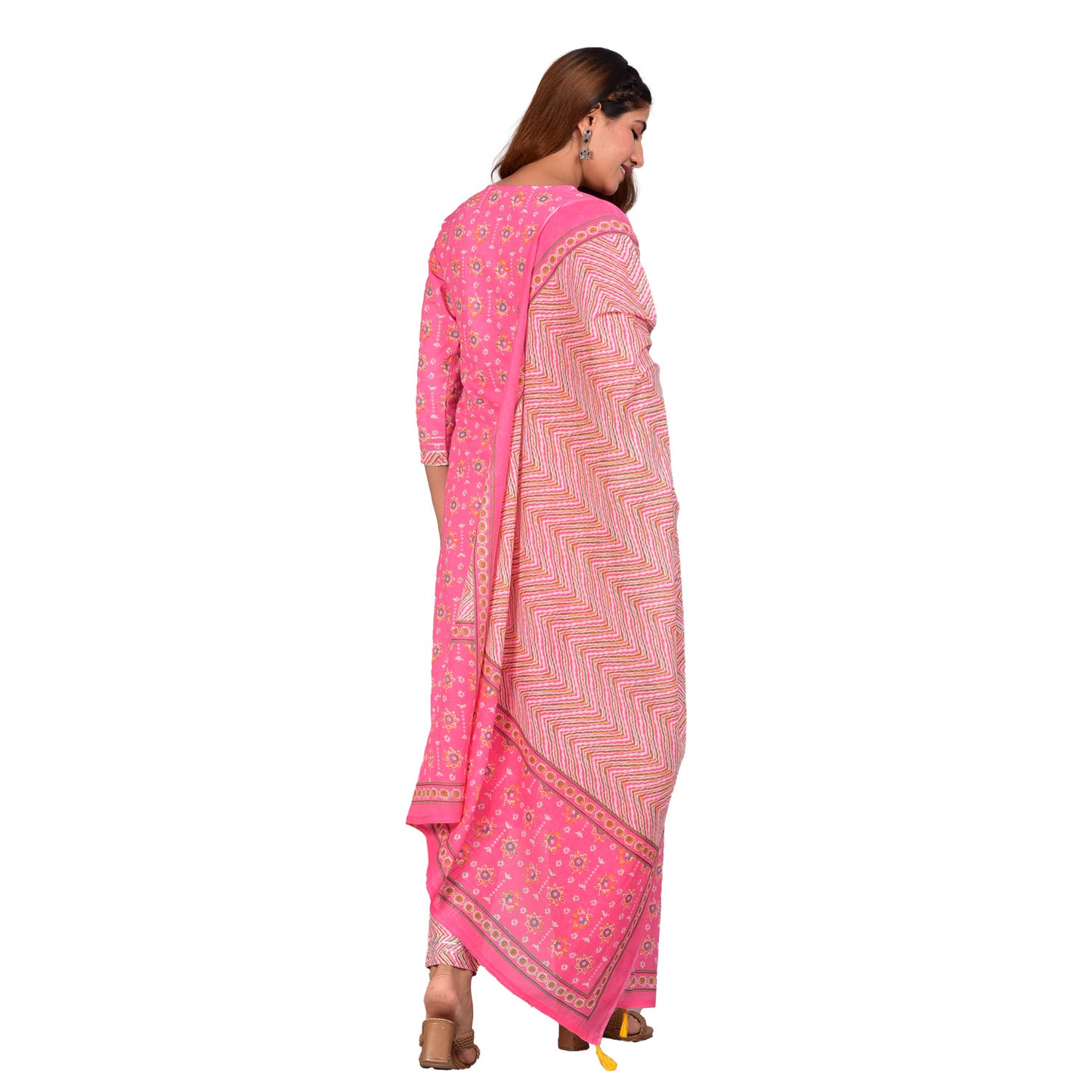 Yash Gallery Women's Embroidered Floral Printed Straight Kurta with Zig-Zag Printed Pant and Dupatta (Pink)