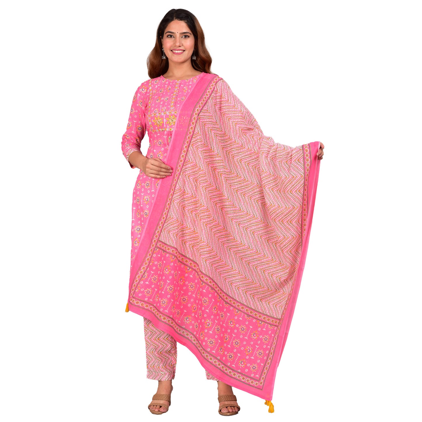 Yash Gallery Women's Embroidered Floral Printed Straight Kurta with Zig-Zag Printed Pant and Dupatta (Pink)