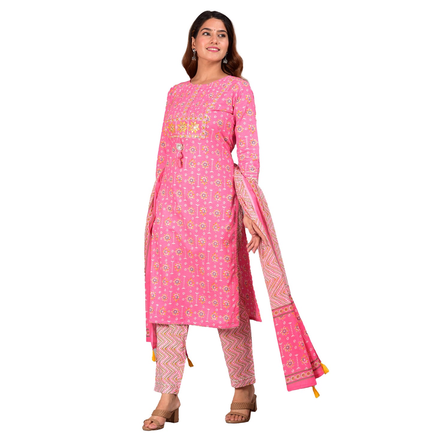 Yash Gallery Women's Embroidered Floral Printed Straight Kurta with Zig-Zag Printed Pant and Dupatta (Pink)