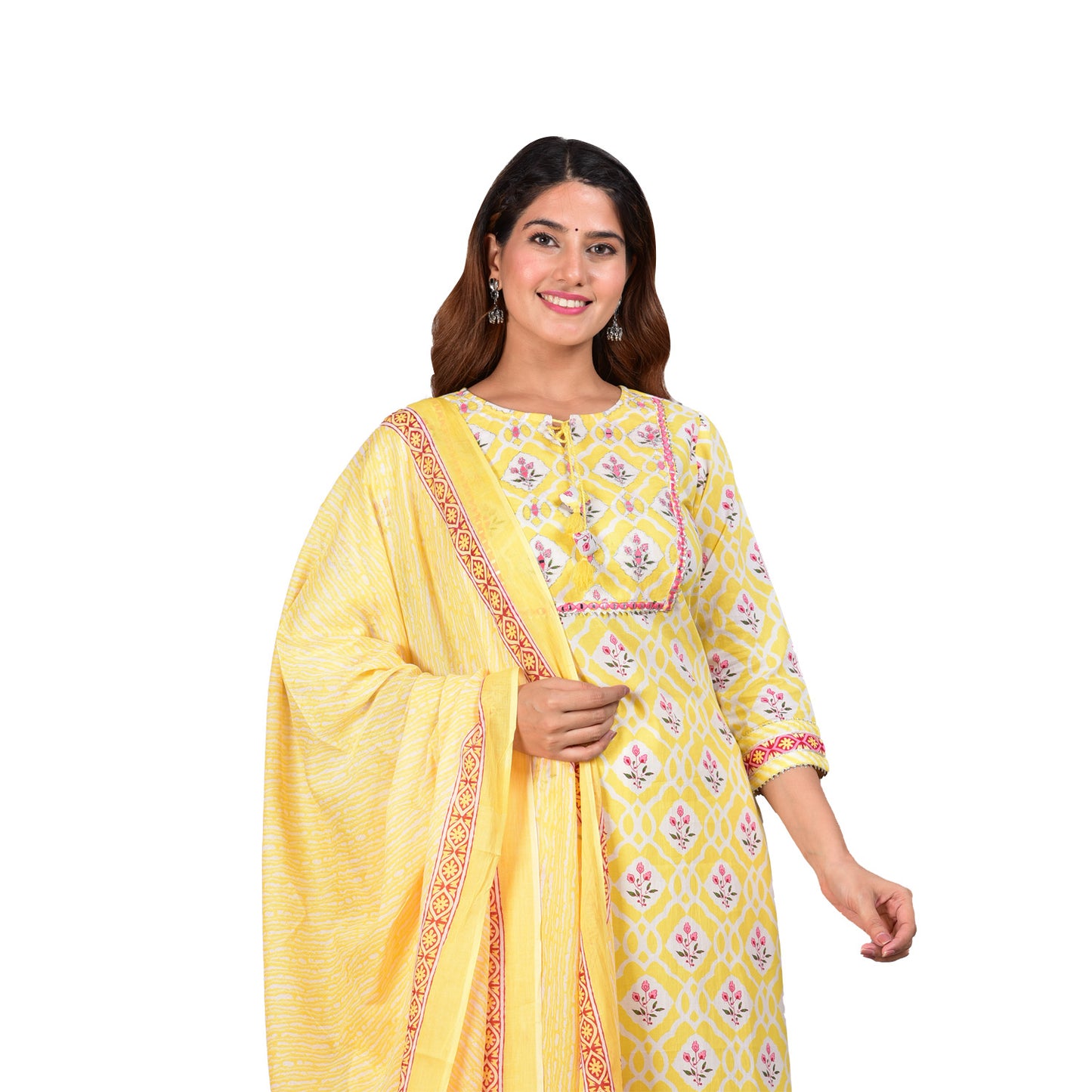 Yellow Embroidered Floral Printed Straight Kurta with Dupatta