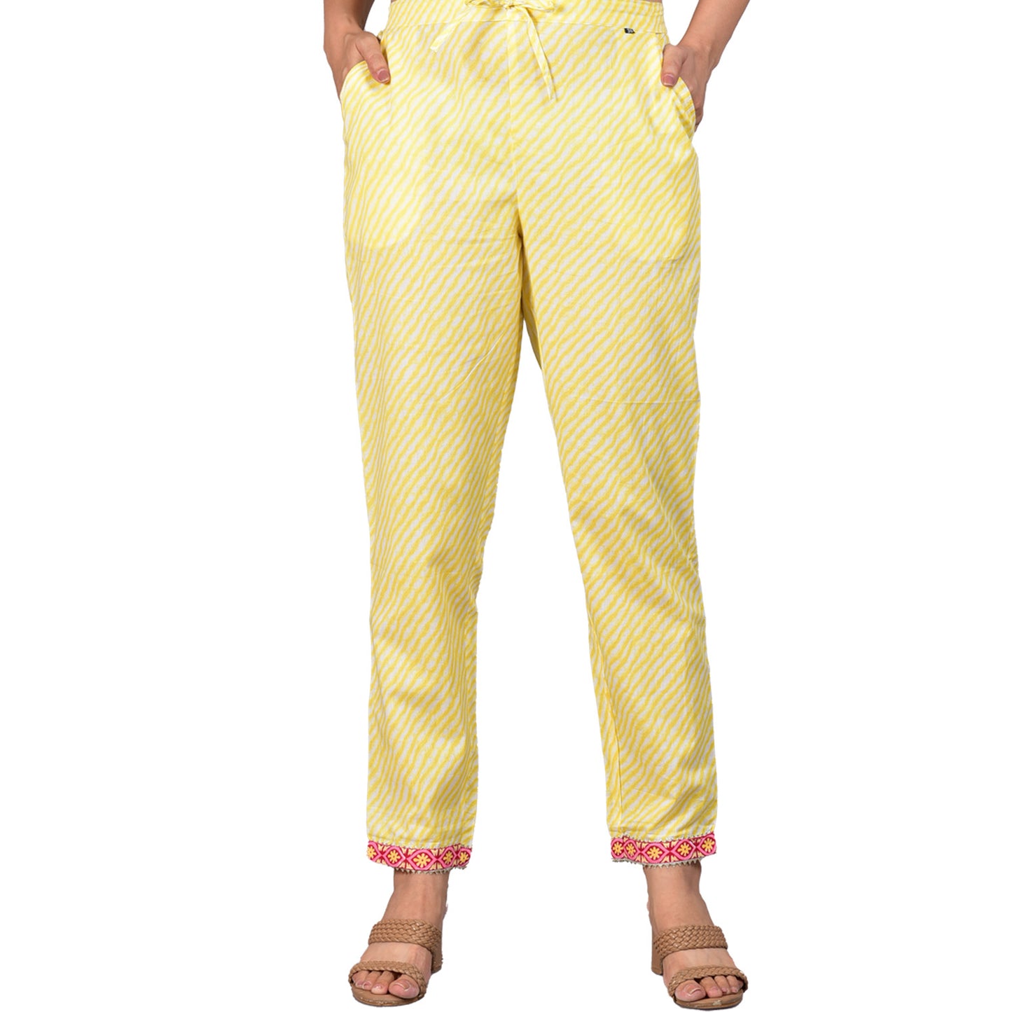 Yellow Embroidered Floral Printed Straight Lehariya Printed Pant