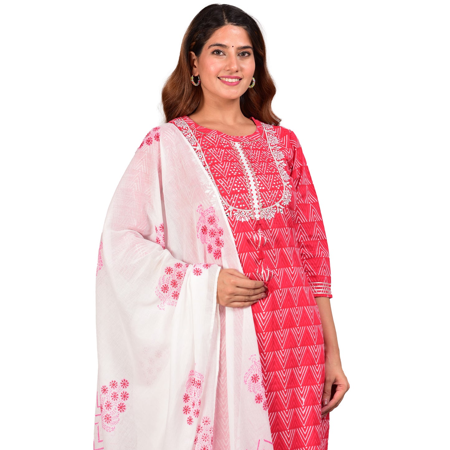 Yash Gallery Women's Embroidered Geomatrical Printed Straight Kurta with Floral Printed Pant and Dupatta (Red)