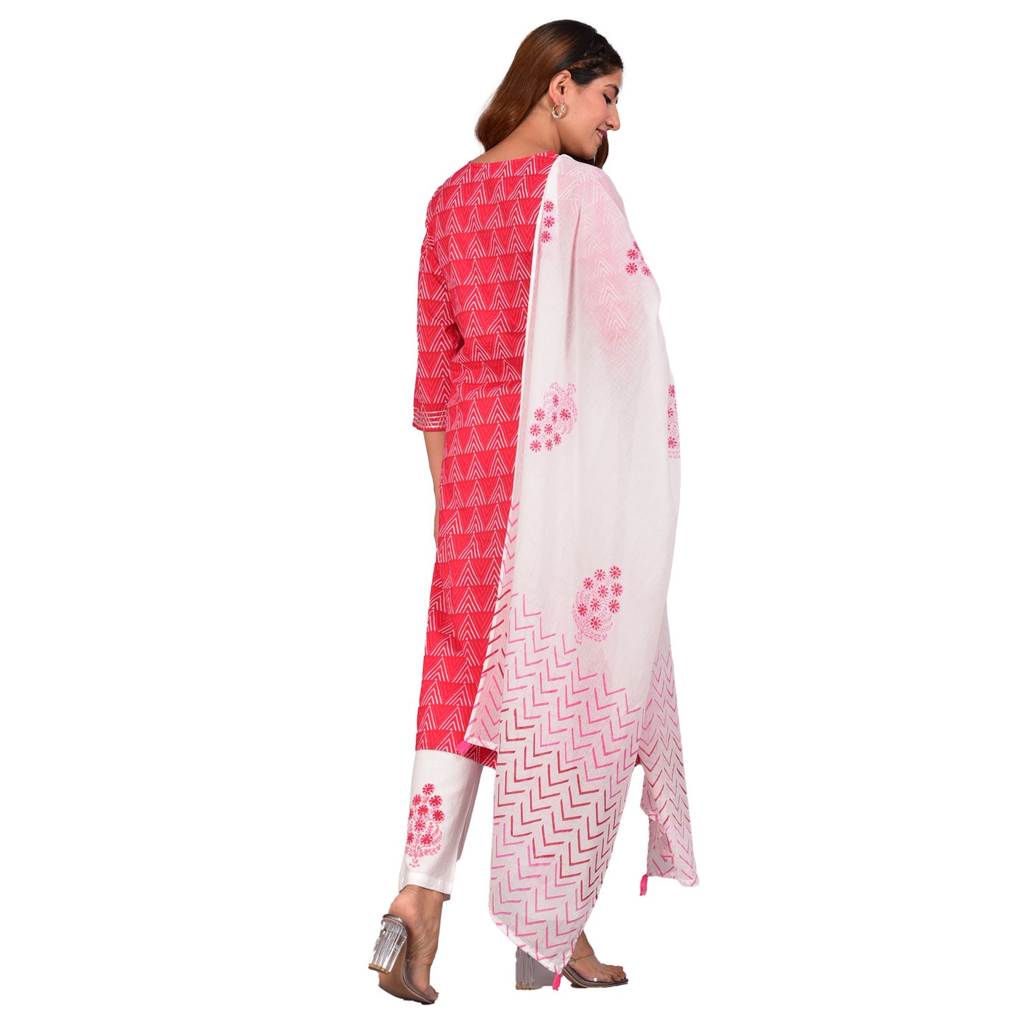 Yash Gallery Women's Embroidered Geomatrical Printed Straight Kurta with Floral Printed Pant and Dupatta (Red)
