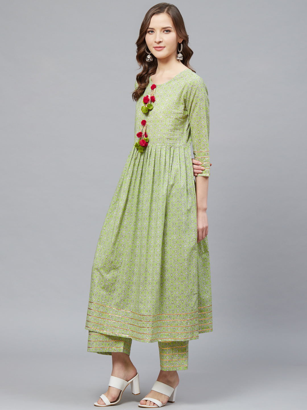 Cotton Floral Printed Pleated Kurta & Palazzo Set (Green)