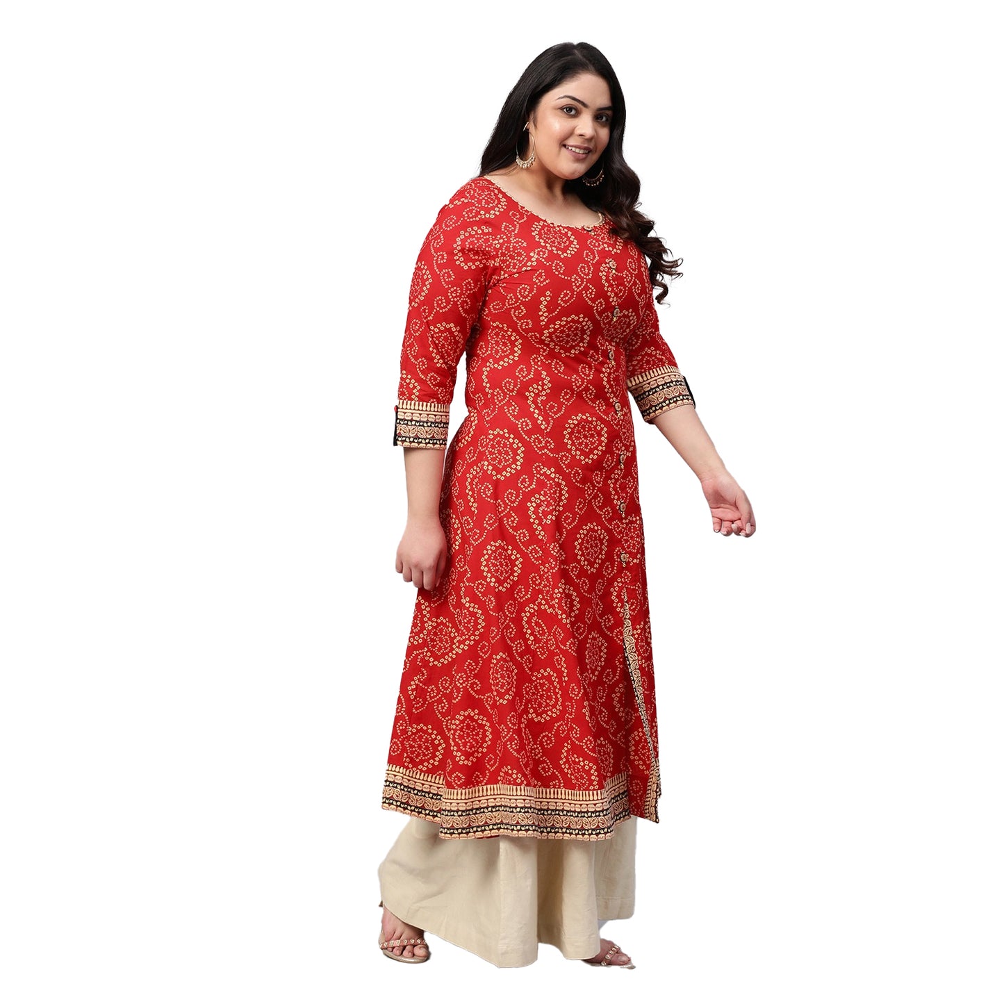 women bandhni print flared kurta red