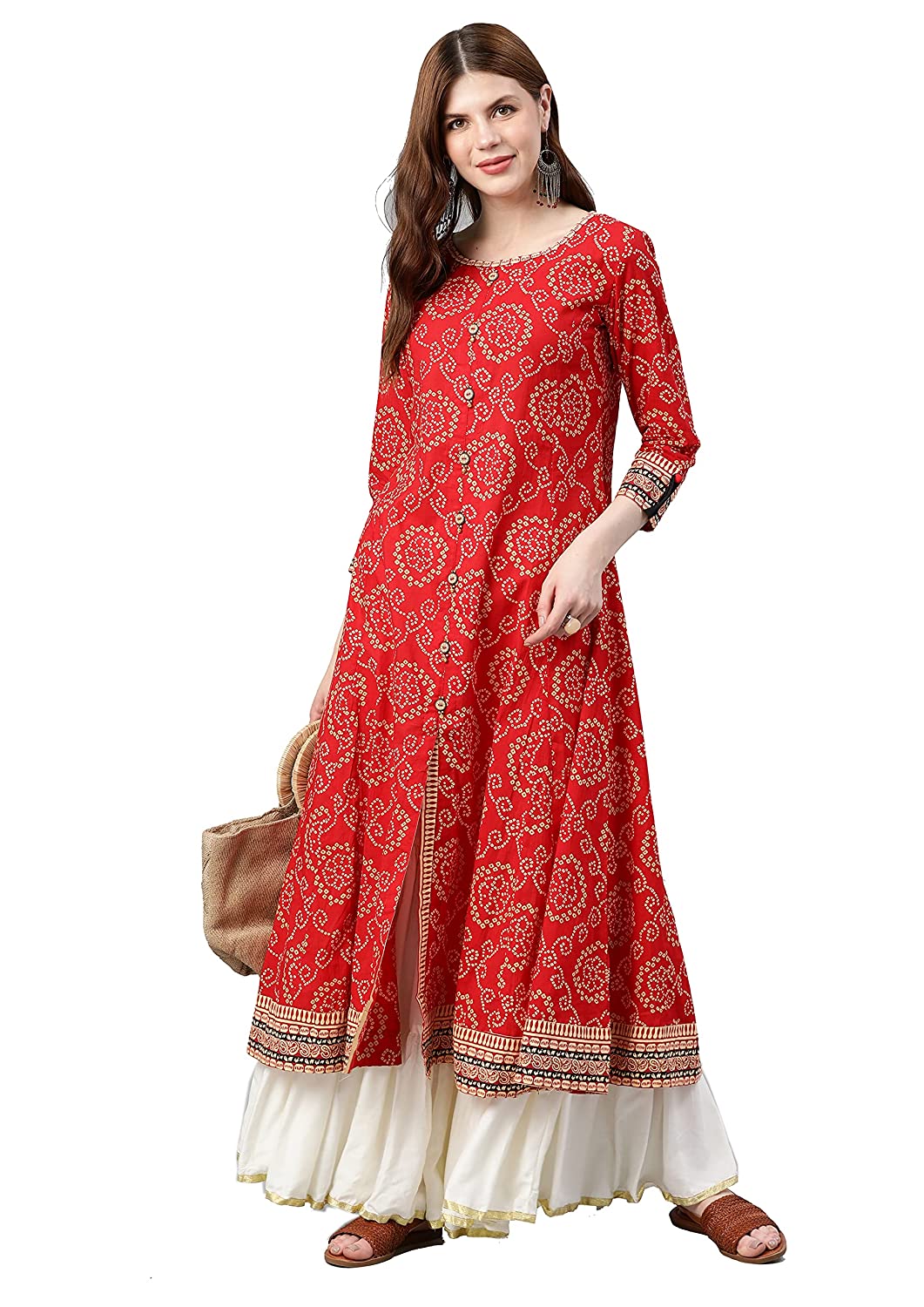 women bandhni print flared kurta red