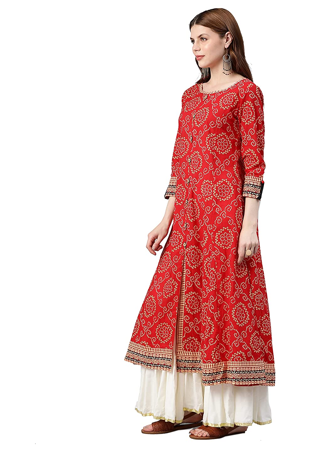 women bandhni print flared kurta red