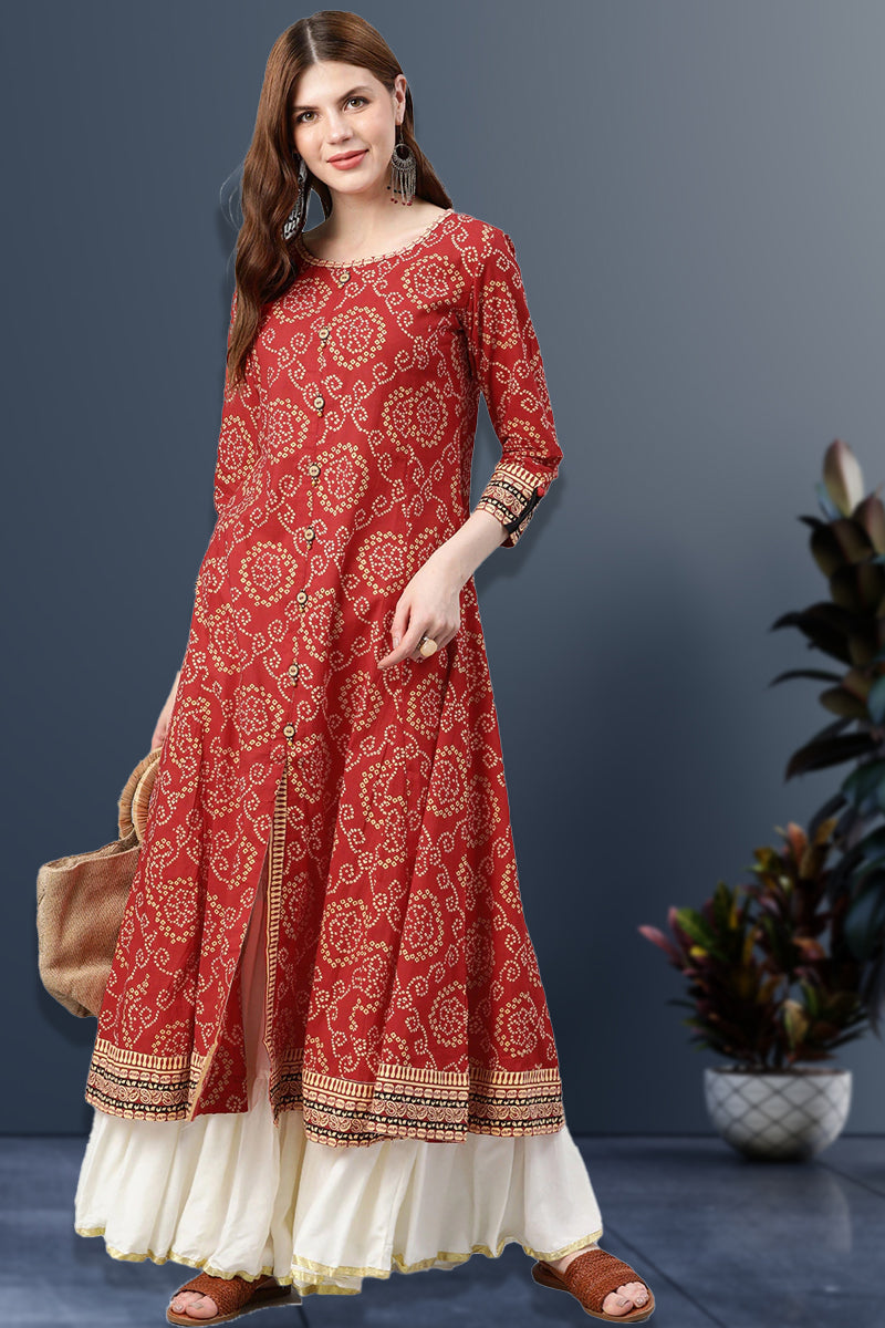 women bandhni print flared kurta red