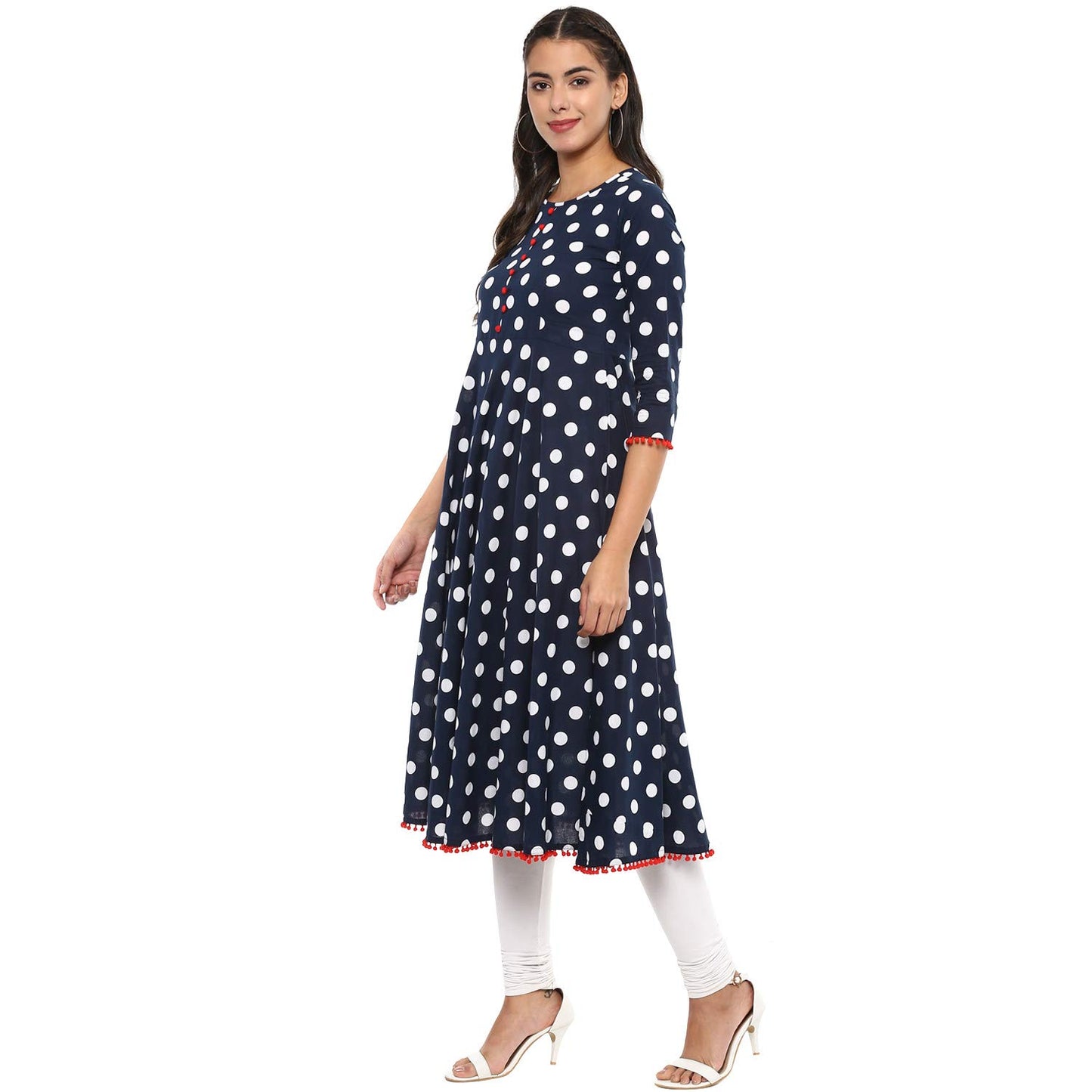 Polka Print Flared Kurta (Dark Blue)