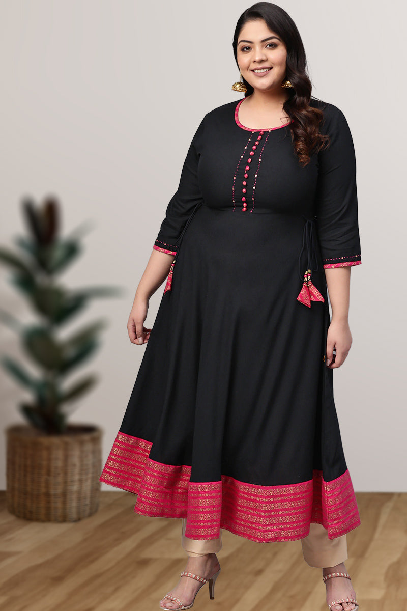Printed Flared Kurta (Black, Pink)