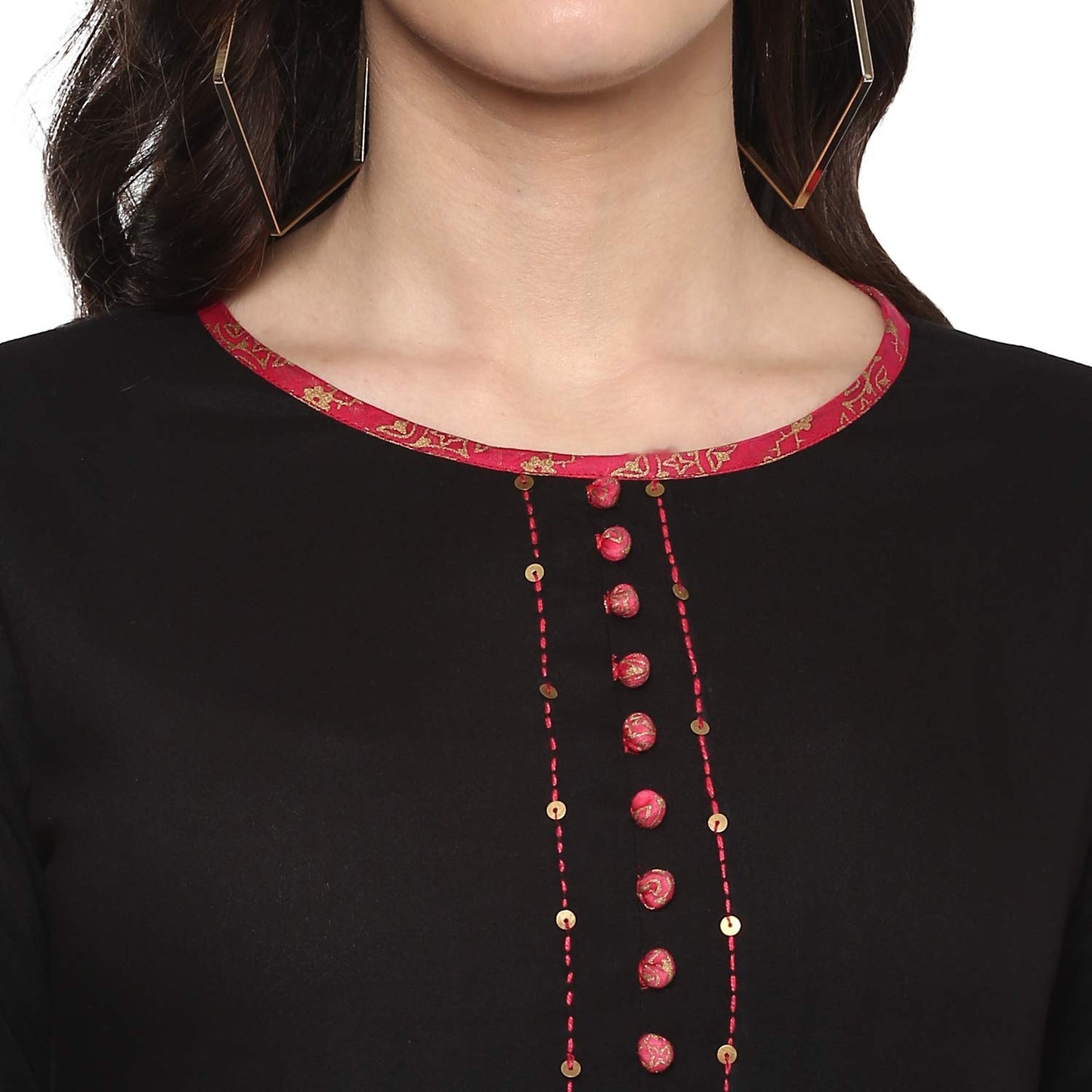 Printed Flared Kurta (Black, Pink)