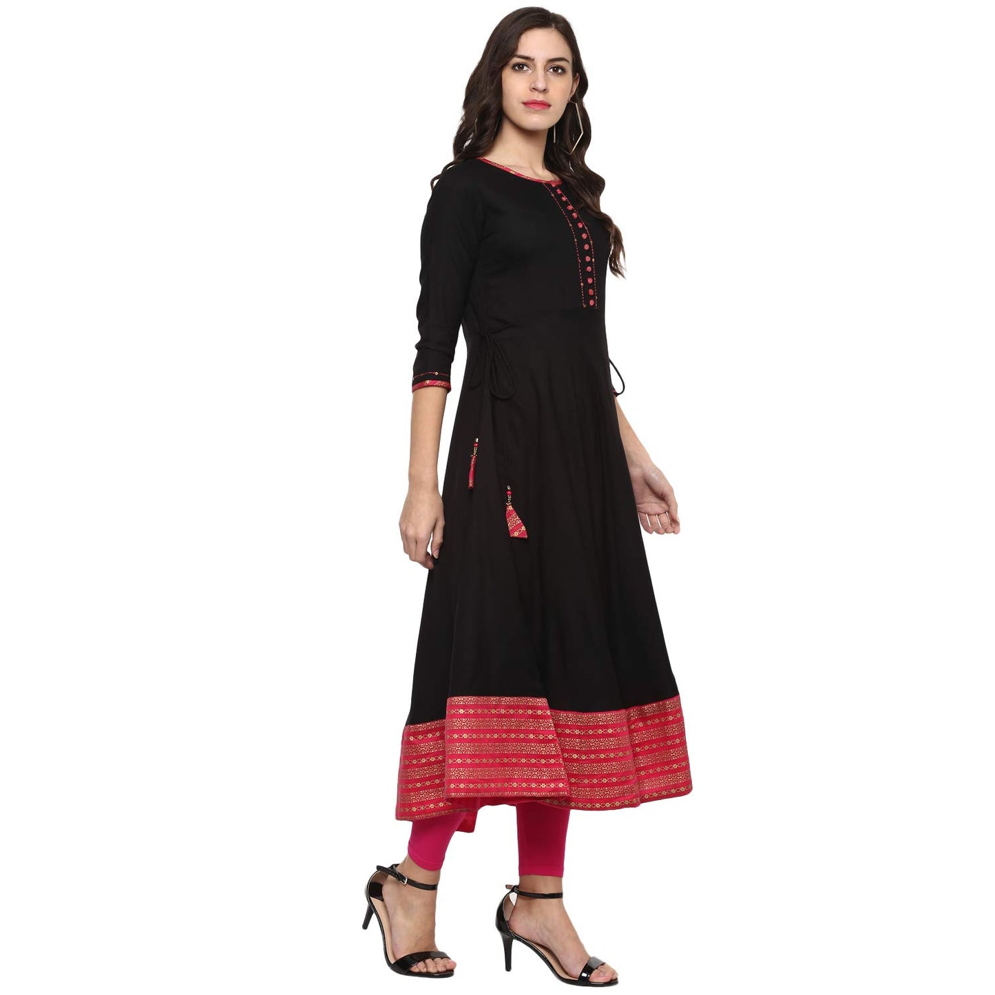 Printed Flared Kurta (Black, Pink)