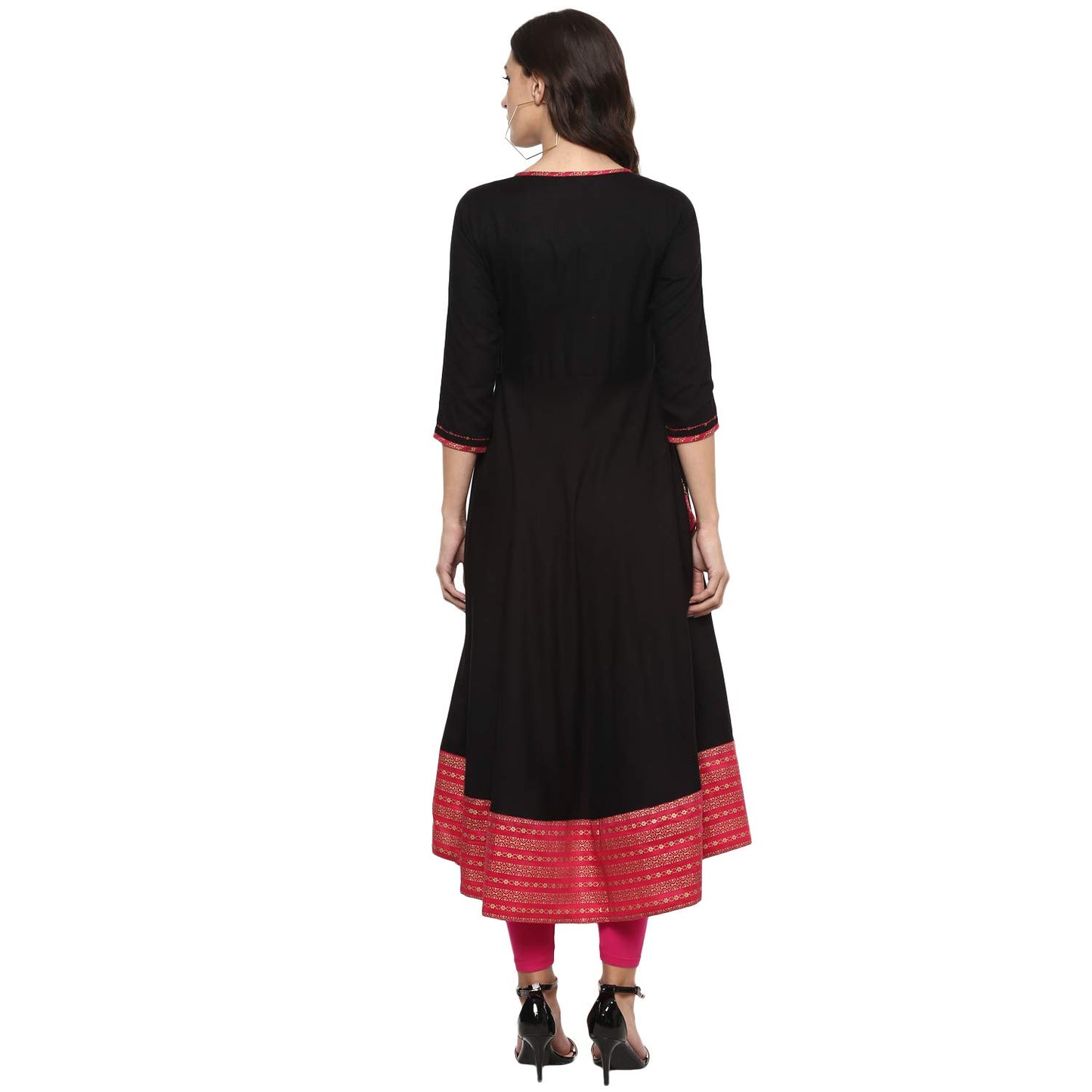 Printed Flared Kurta (Black, Pink)