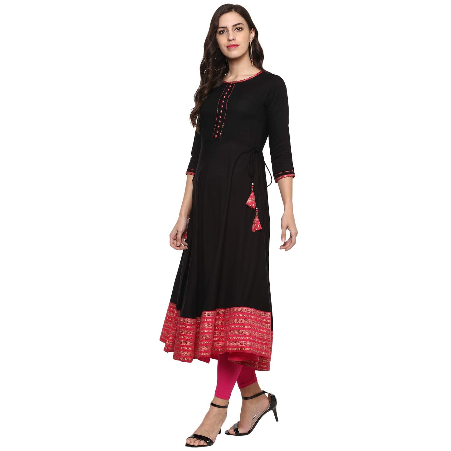 Printed Flared Kurta (Black, Pink)