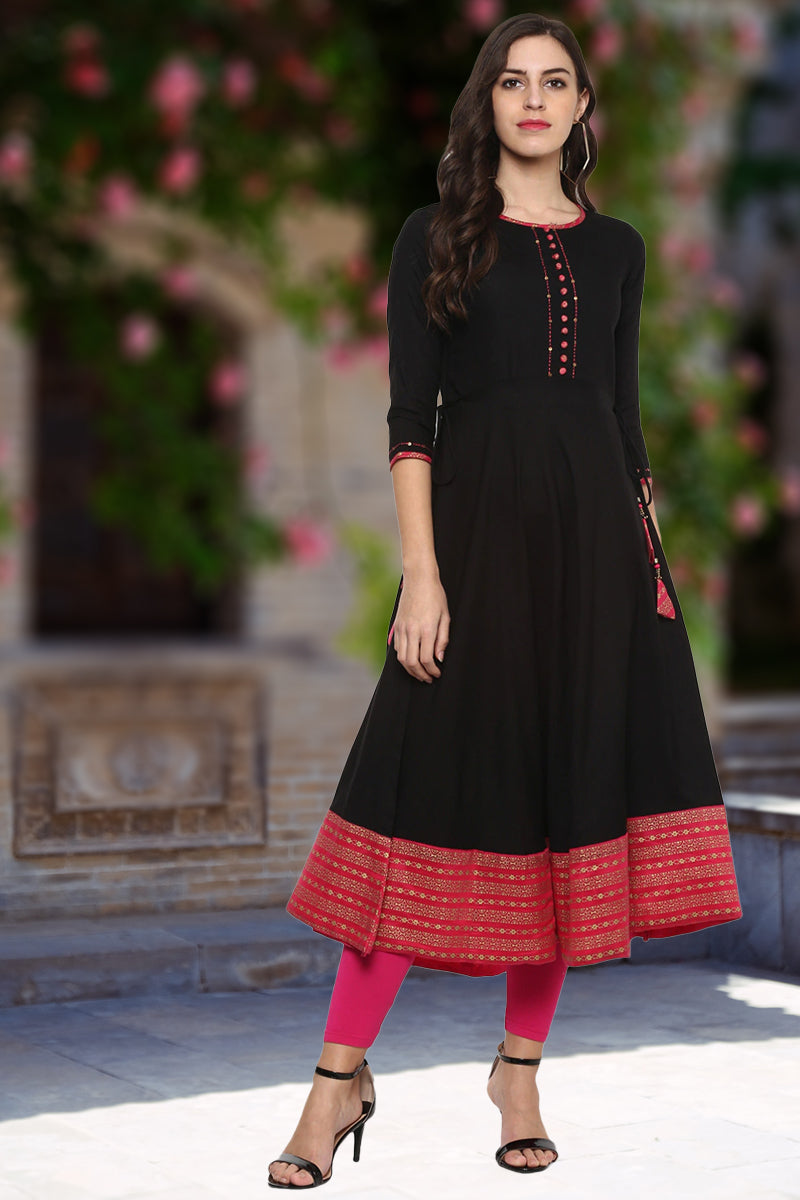 Printed Flared Kurta (Black, Pink)