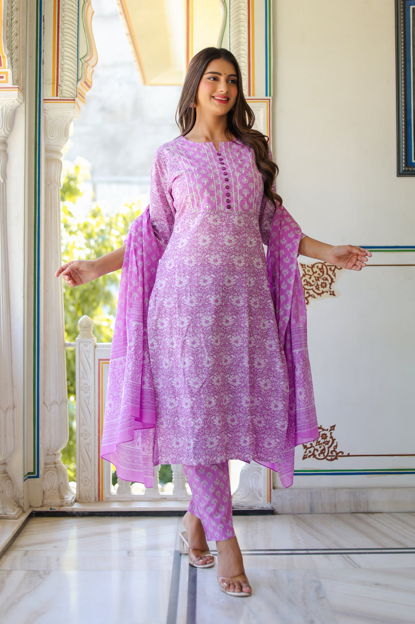 womens floral printed kurta with pant and dupatta purple