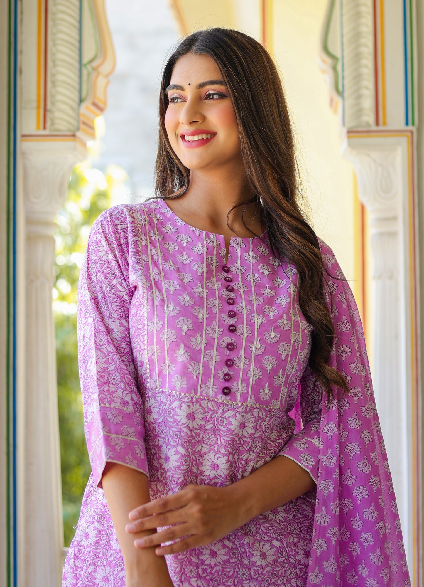 womens floral printed kurta with pant and dupatta purple