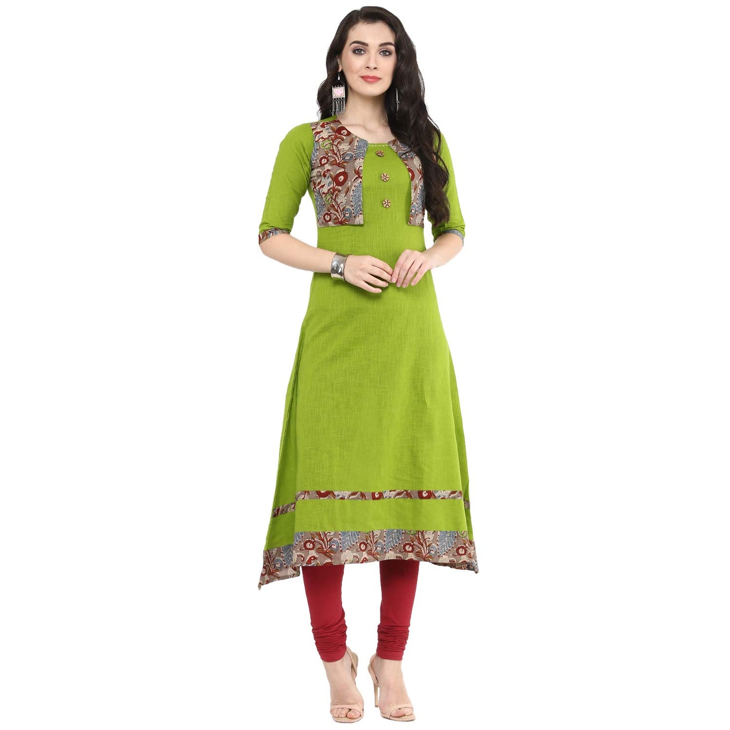 Floral Print A-line Kurta (Green)