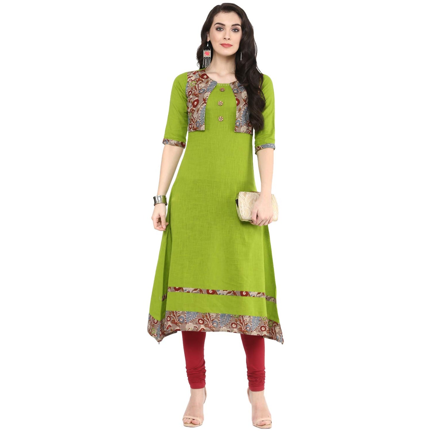 Floral Print A-line Kurta (Green)