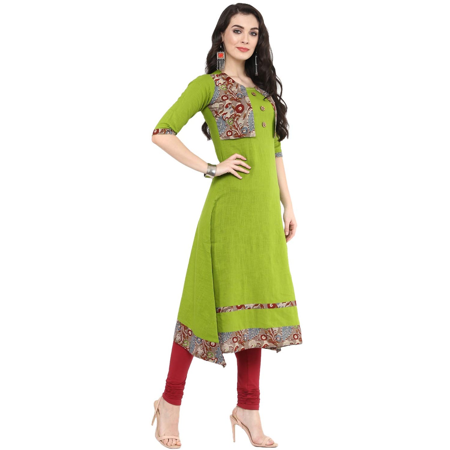 Floral Print A-line Kurta (Green)