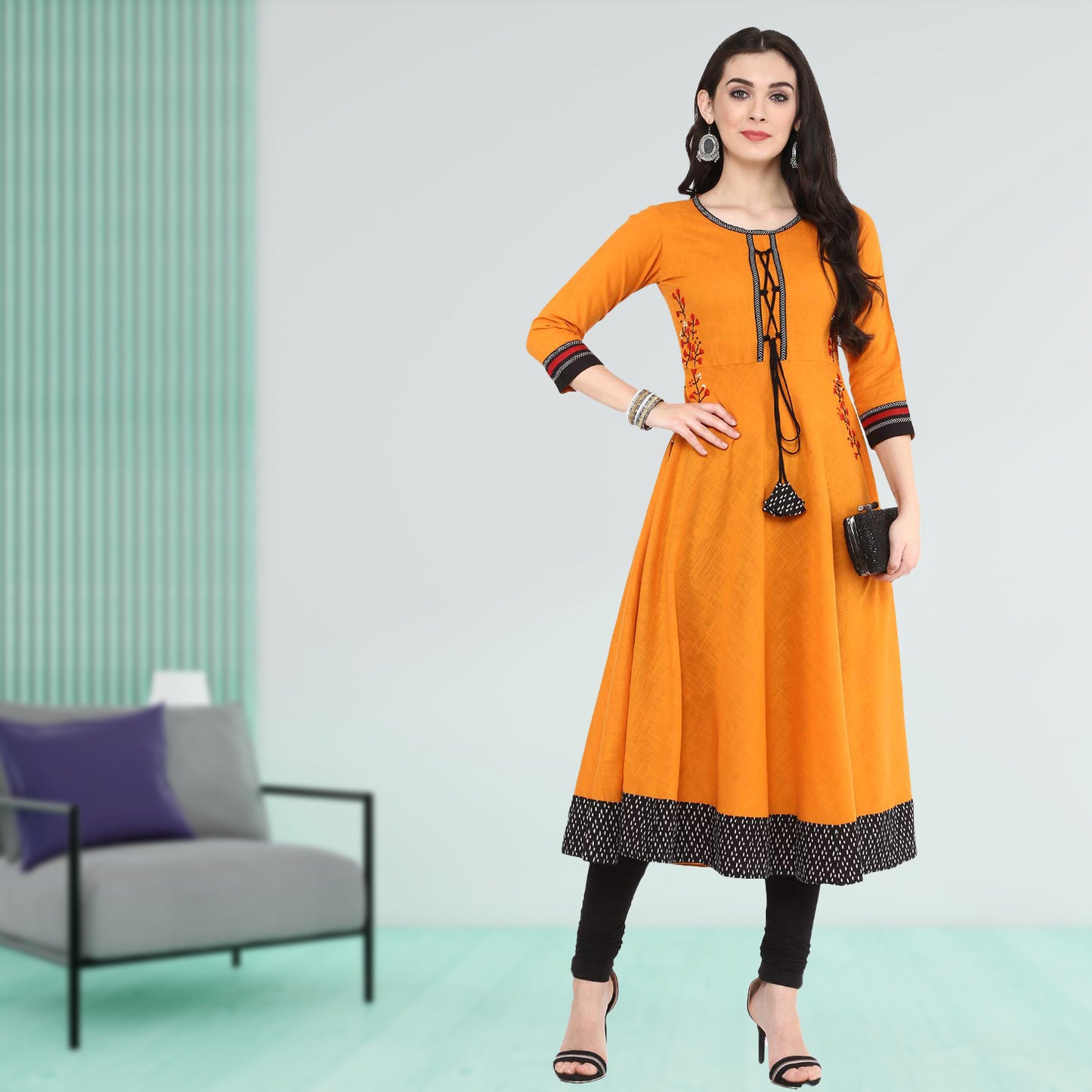 Embroidered Anarkali Kurta (Yellow)