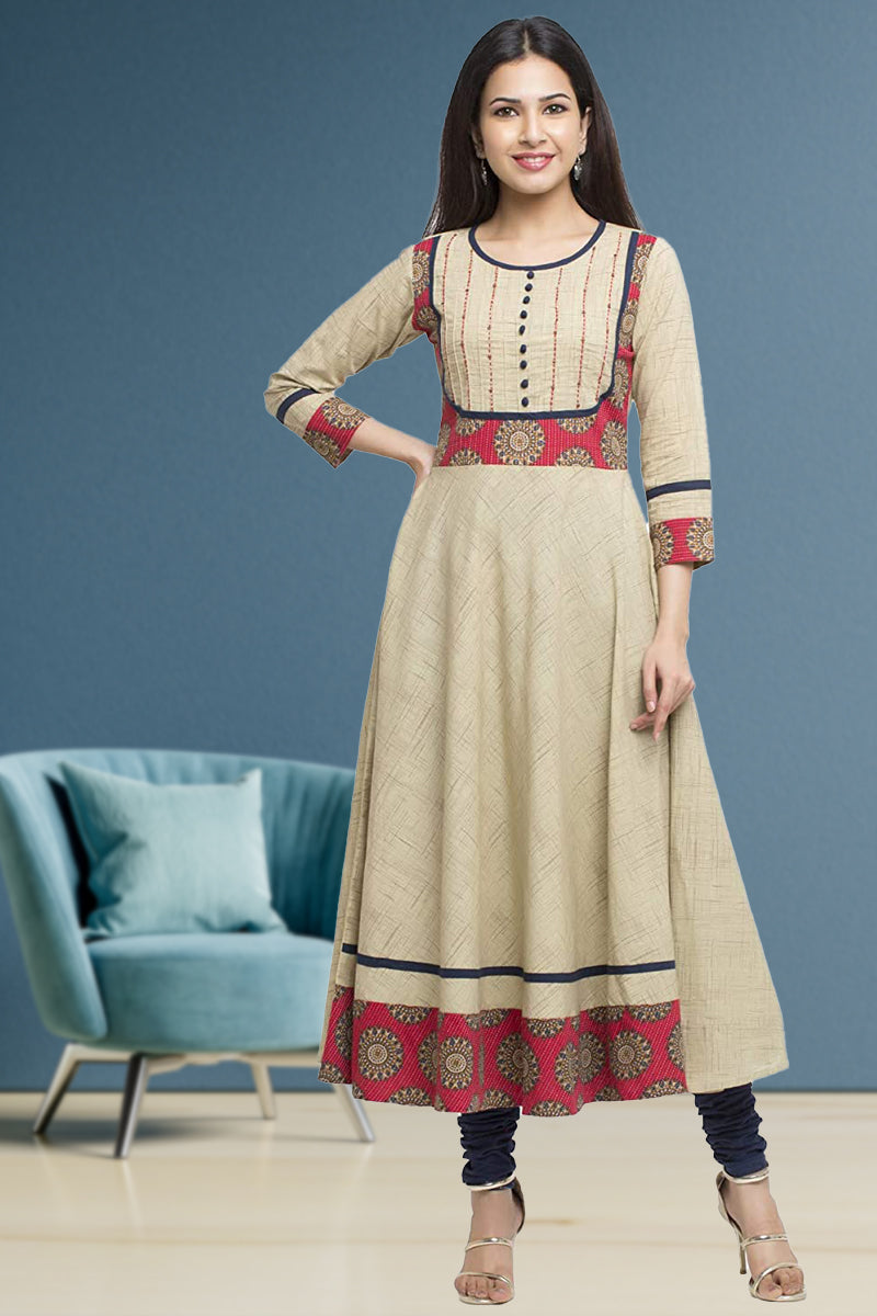 Printed Anarkali Kurta (Beige)