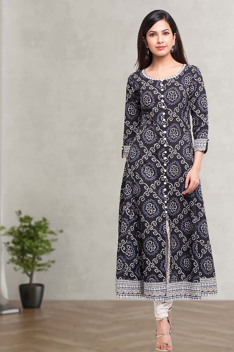 Bandhni Print Anarkali Kurta (Black)