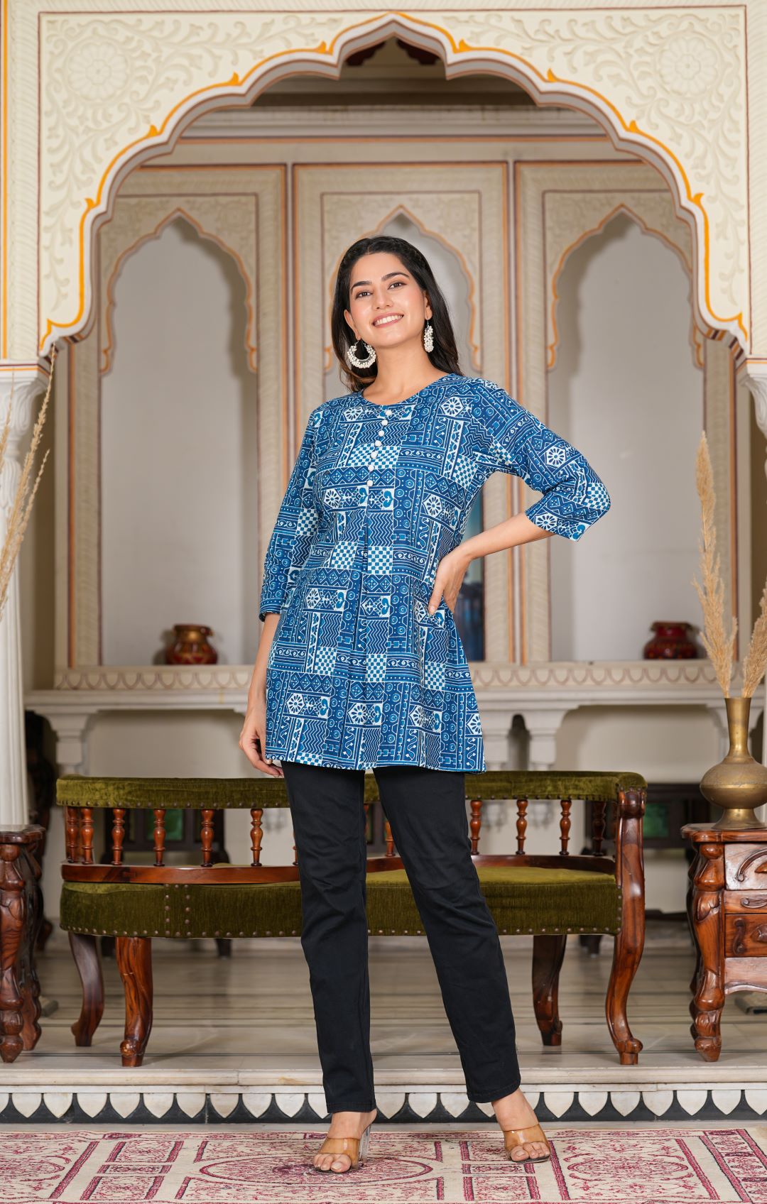 yash gallery womens geomatric printed short kurti blue