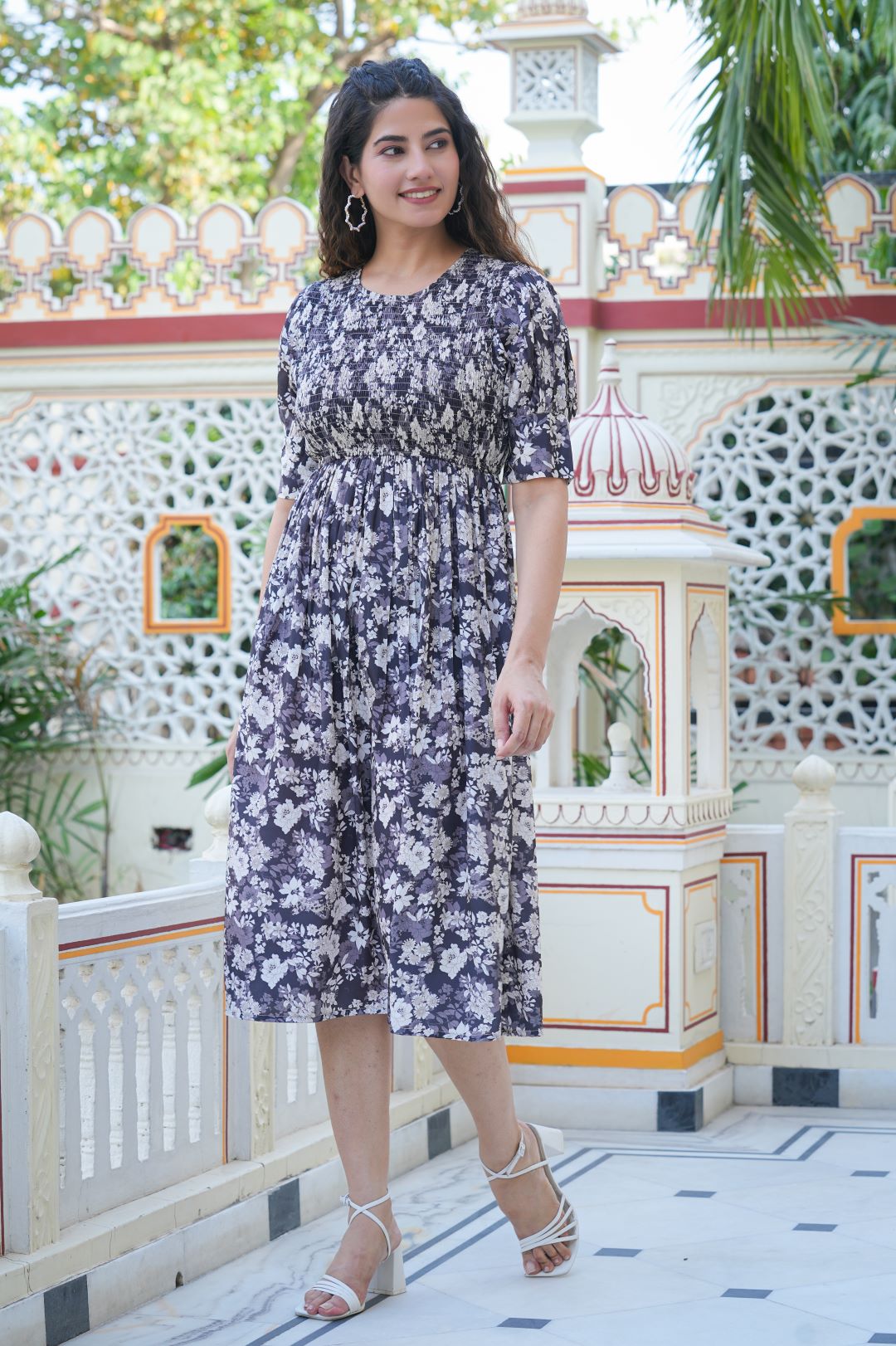 yash gallery womens floral printed gathered smoking dress black