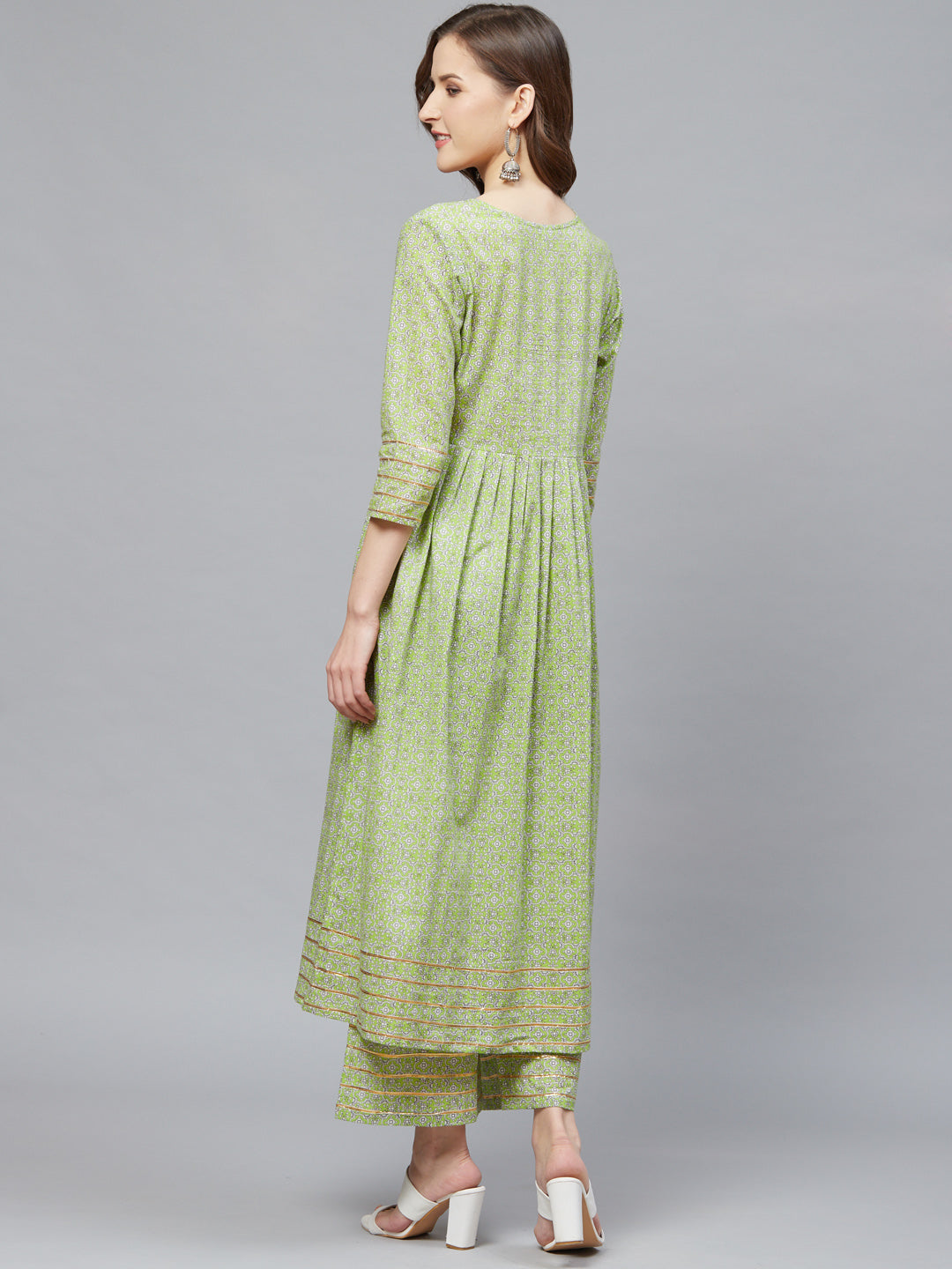 Cotton Floral Printed Pleated Kurta & Palazzo Set (Green)