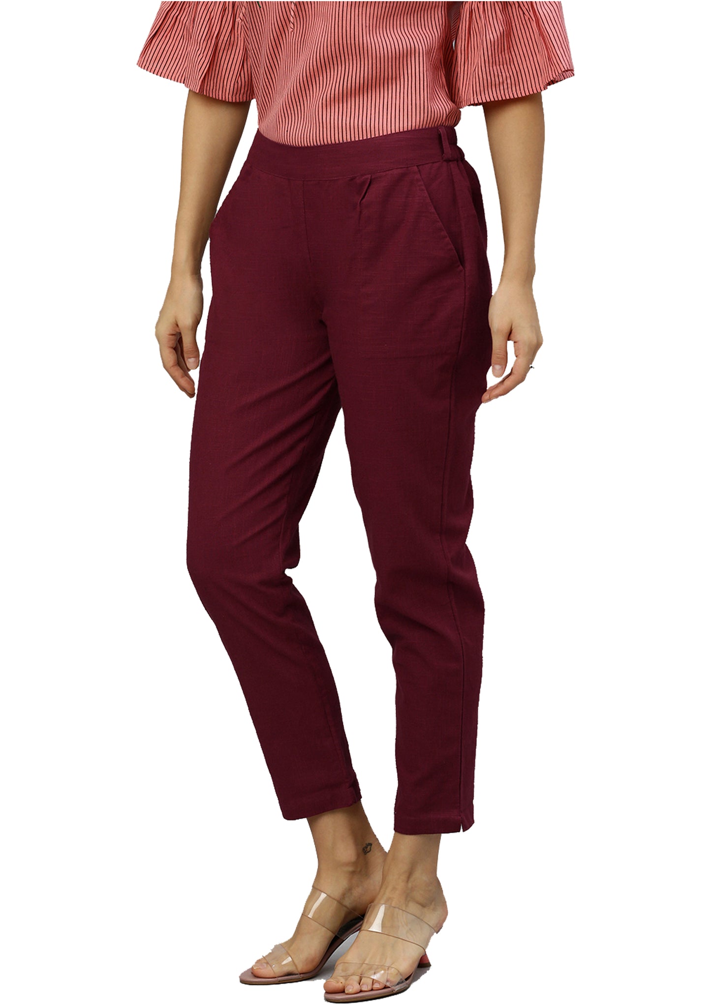 Cotton Slub Solid Regular Fit Casual Trouser Pants (MAROON)